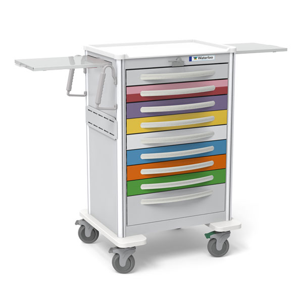 9 Drawer x-tall pediatric Unicart, gray exterior, multicolored drawers, lever lock